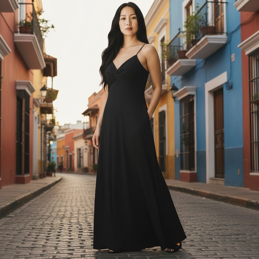 Worthington Black Empire Waist Evening Gown Satin Trim Formal Dress Womens 14